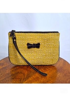 J. Crew Yellow Wool And Velvet Brown Bow Zippered Pouch